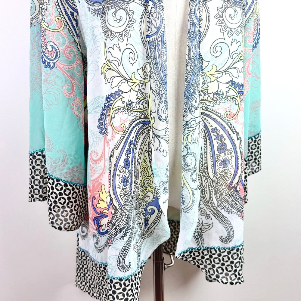Soft Surroundings Womens S M Sheer Kimono Blue Paisley Sequin Sleeve Boho Duster - Picture 3 of 9